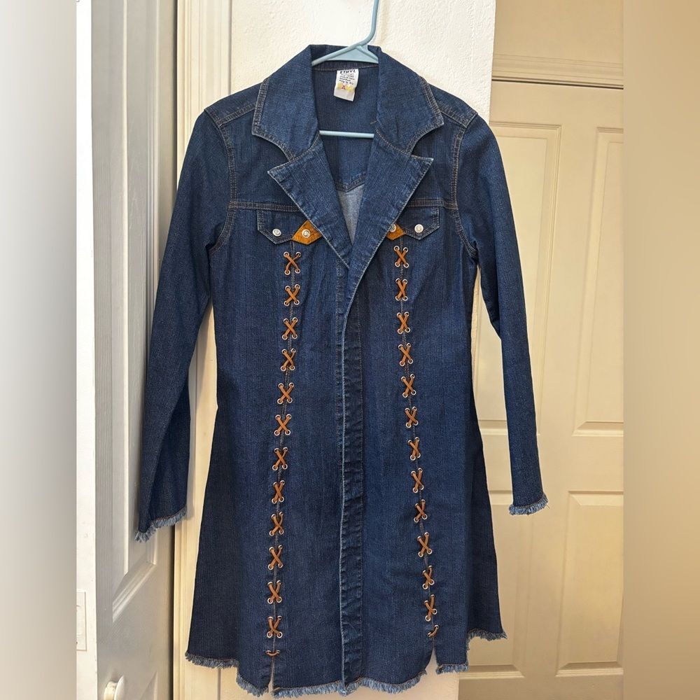 Ethyl Denim Long Coat with Brown Accents